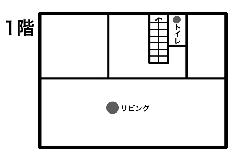 自宅の1階間取り図（リビング・トイレ・階段の配置）