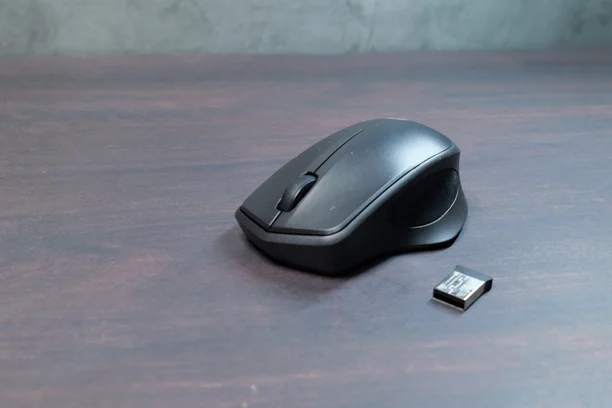 黒いワイヤレスマウスとUSBレシーバーを並べた様子