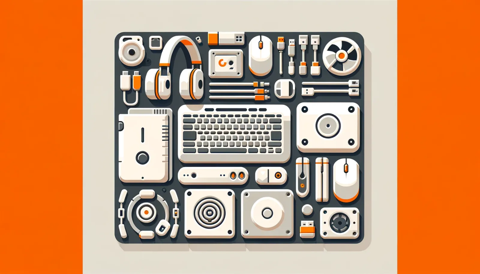 白を基調とした周辺機器一式を並べたイラスト