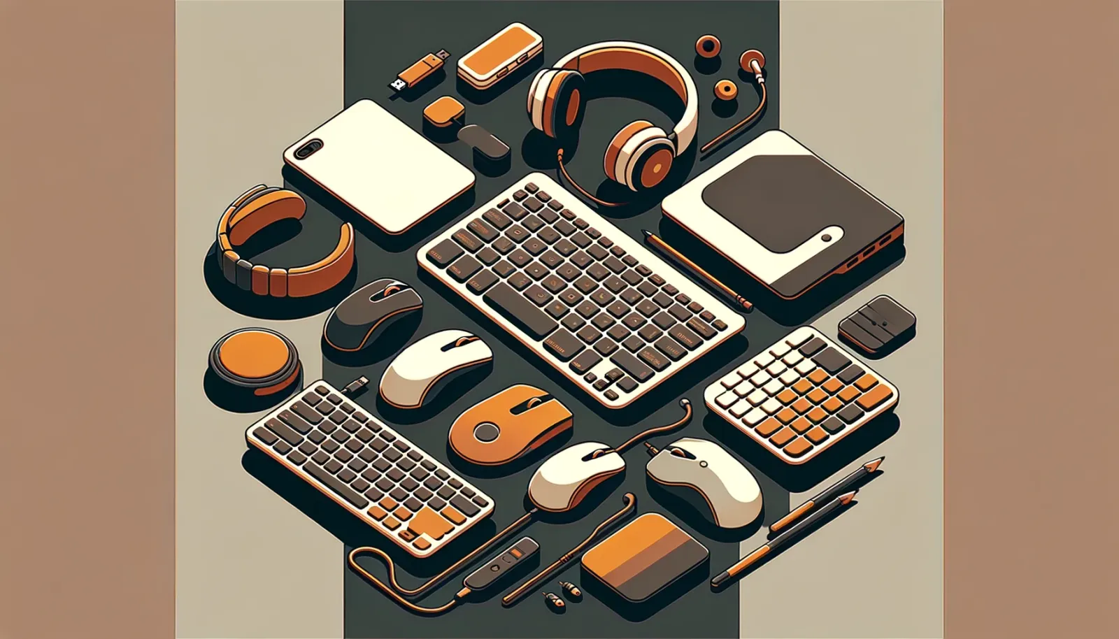 キーボード・マウス・ヘッドホンなど複数の周辺機器を並べたイラスト
