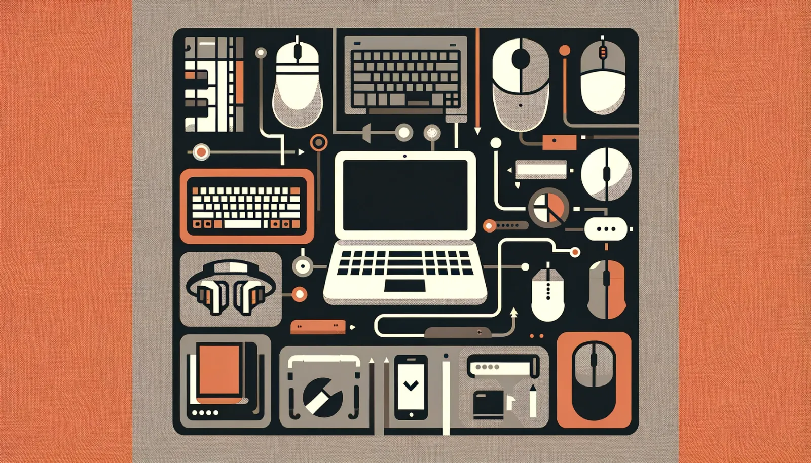 ノートPC周辺機器を並べたイラスト(キーボード・マウス・ヘッドホン等)