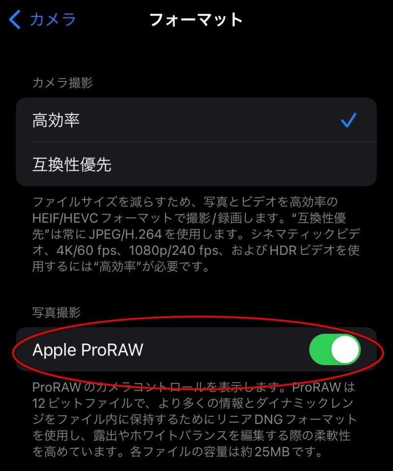 移動後、「Apple ProRAW」をオンに。