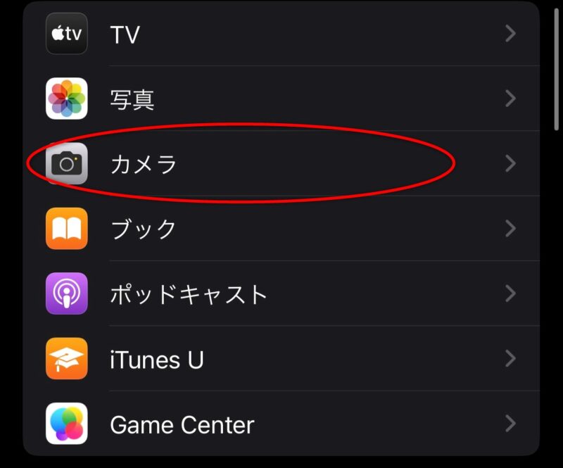 設定を開いたあと、純正カメラアプリを選択。